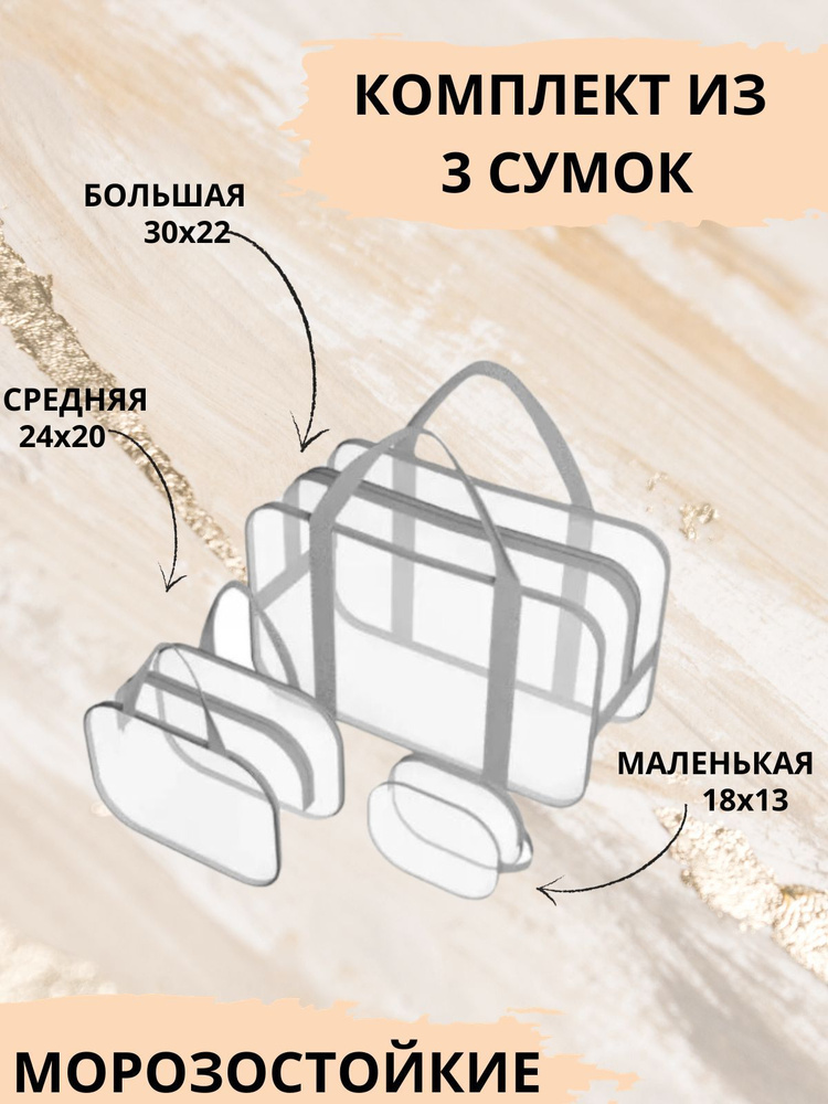 Косметички прозрачные, набор из 3-х дорожных косметичек (большая + средняя + маленькая)  #1