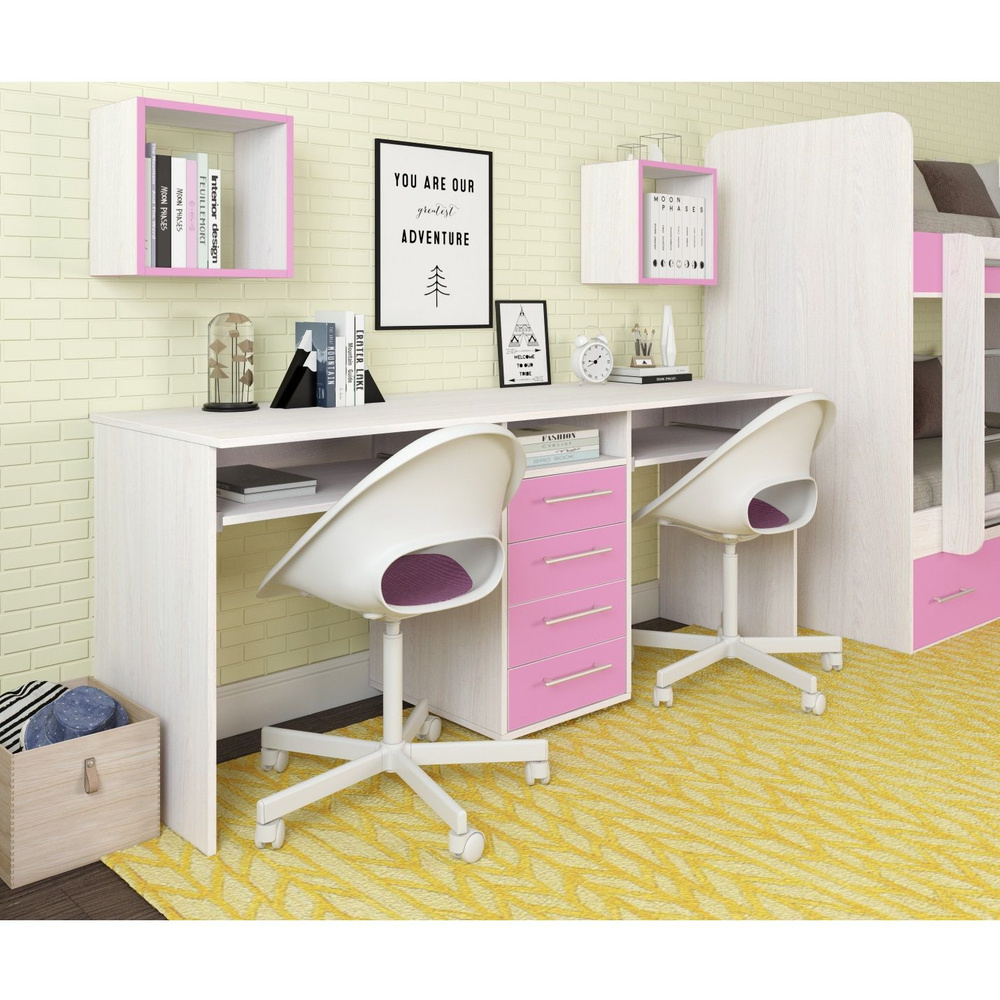 Письменный стол для двоих Есэндвич Лаворо, 180x60х75 см (Анкор белый/Пинк)  #1