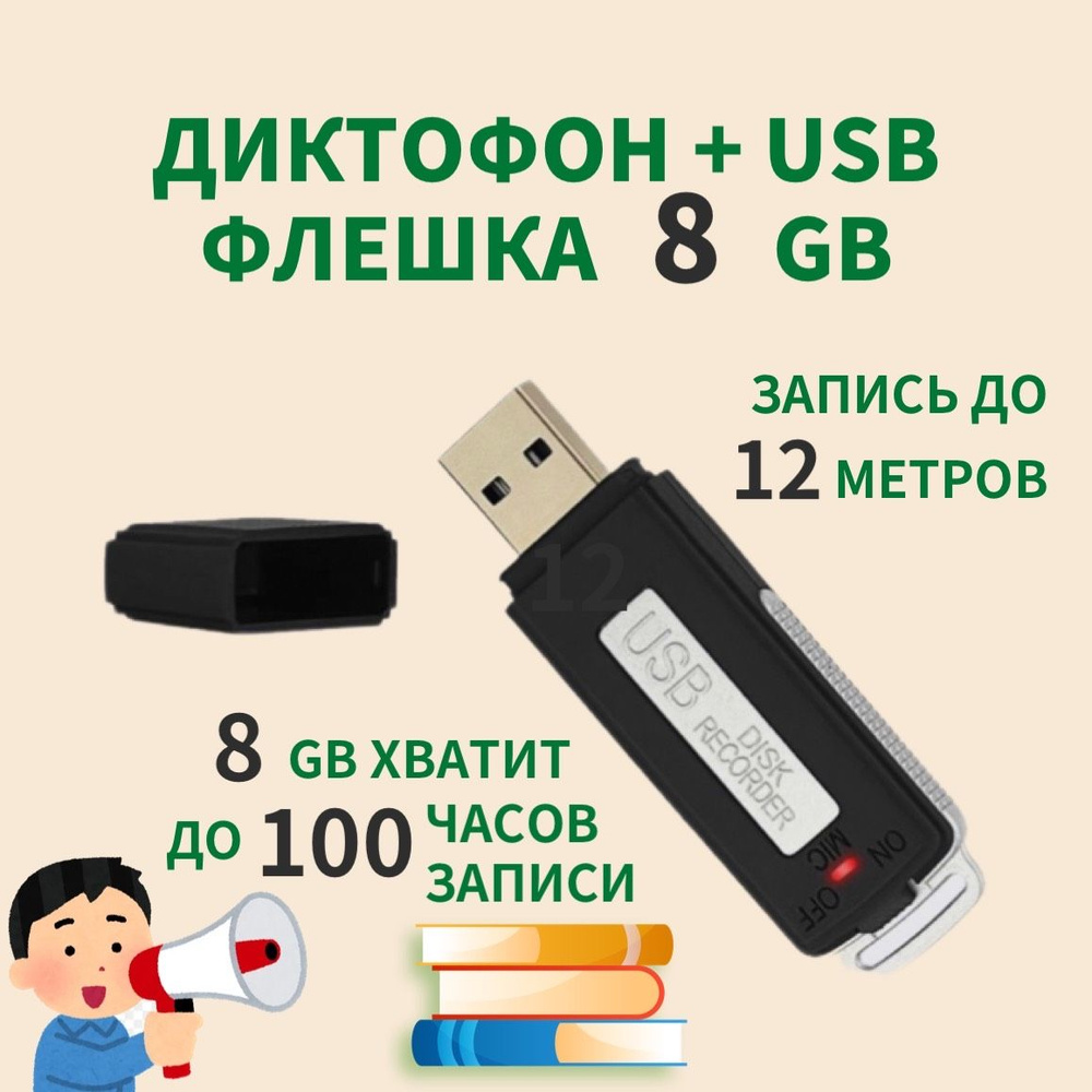 Мини диктофон с датчиком звука 8 GB / Диктофон-флешка 2в1 #1