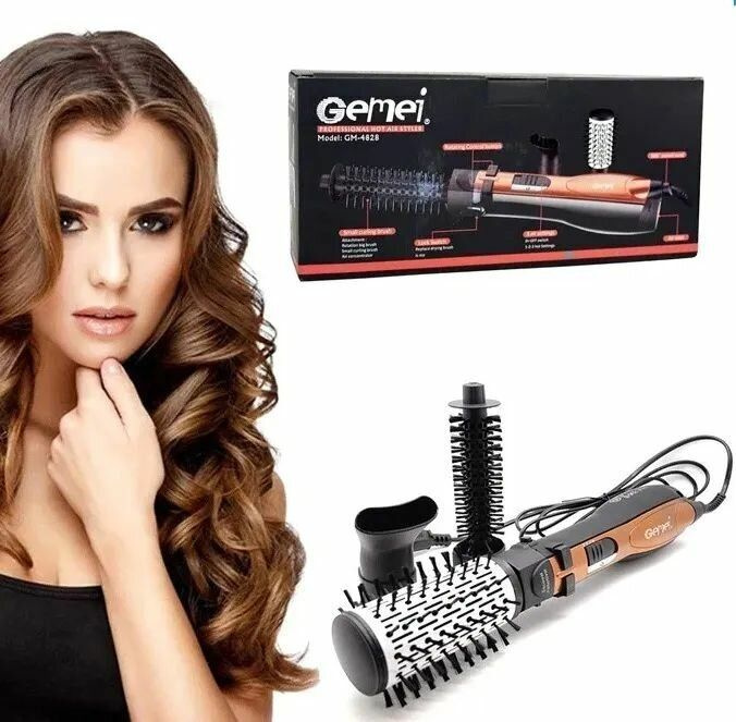 Gemei GM-4828 Профессиональный фен с вращающейся щеткой для укладки волос 3 в 1 (бежевый)  #1