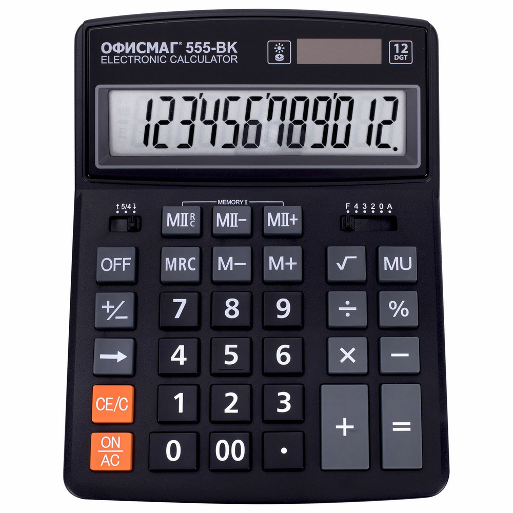 Калькулятор настольный большой 12 разрядный, 206x155 мм, двойное питание, черный, Офисмаг 555-BK  #1