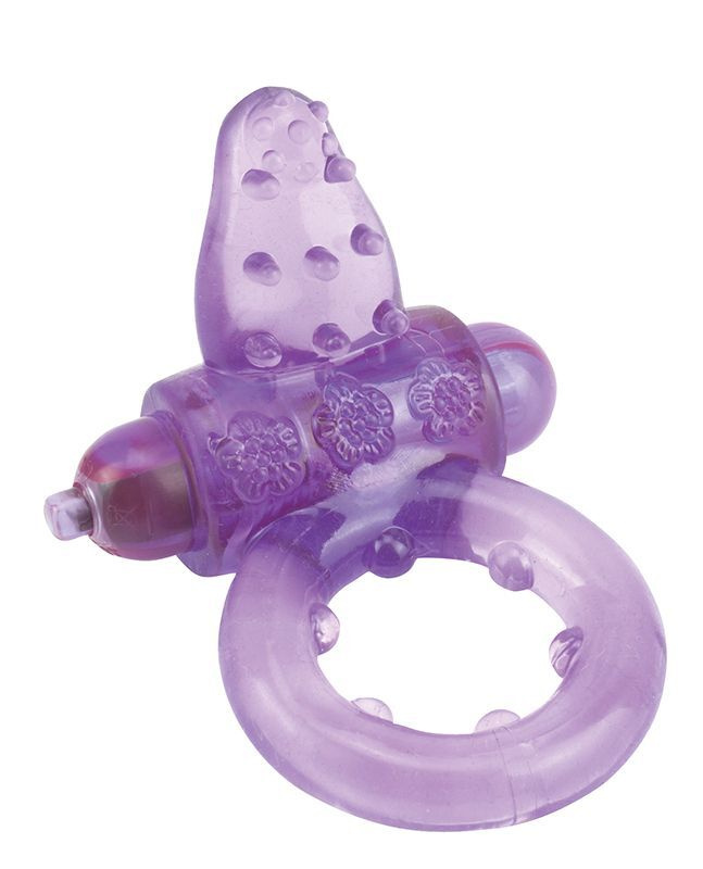 Фиолетовое эрекционное кольцо с вибрацией и рельефным язычком NUBBY CLITORAL PROBE COCKRING  #1