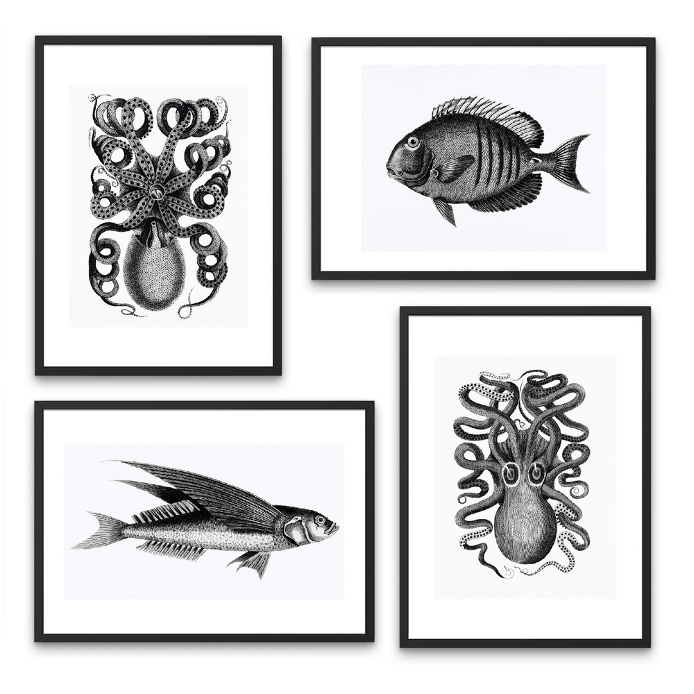 Постеры для интерьера 4 шт 21х30 "Рыбы и осьминоги" #1