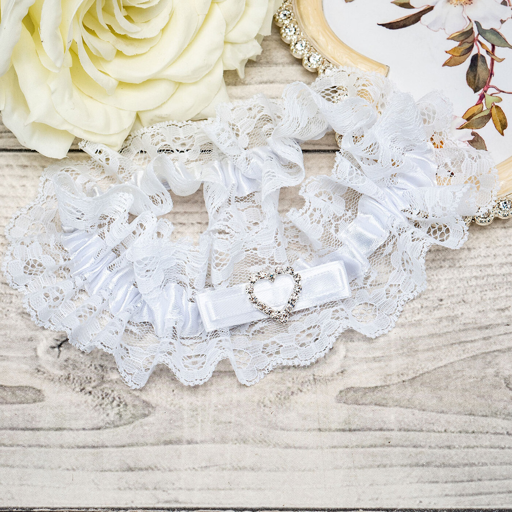 Ажурная подвязка к подвенечному платью невесты "Элен" из белого кружева с плоским атласным бантиком и #1