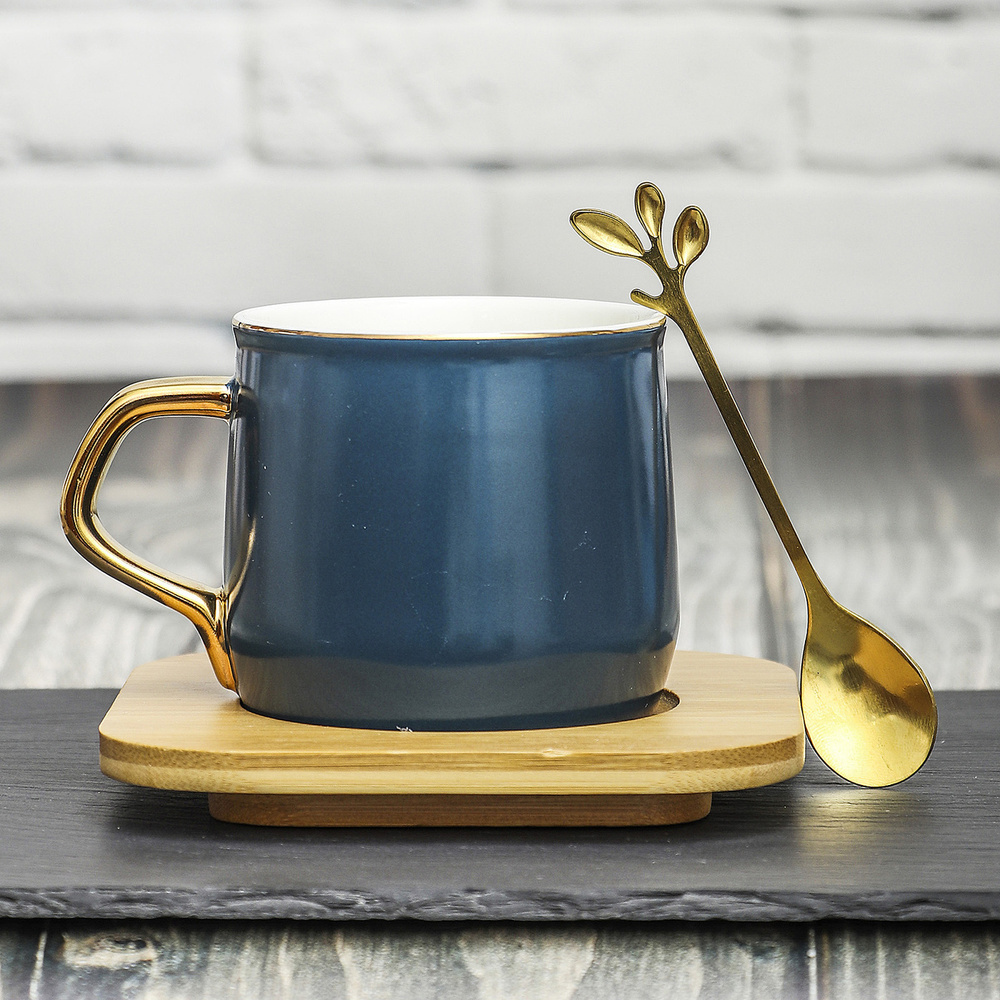 Кружка Золотой Росток с деревянным блюдцем и ложкой 250 мл Эврика, чайная пара, чашка для кофе, подарочный #1