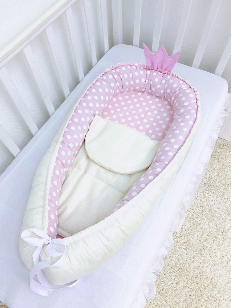 Гнездышко - кокон двухсторонний из хлопка с матрасом для новорожденного 90 см. Розовый "Принцесса"  #1
