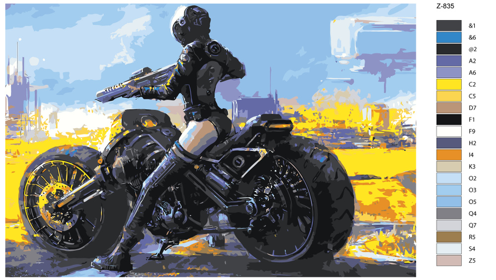 Картина по номерам Z835 "Девушка с ружьем на мотоцикле" 40х60  #1