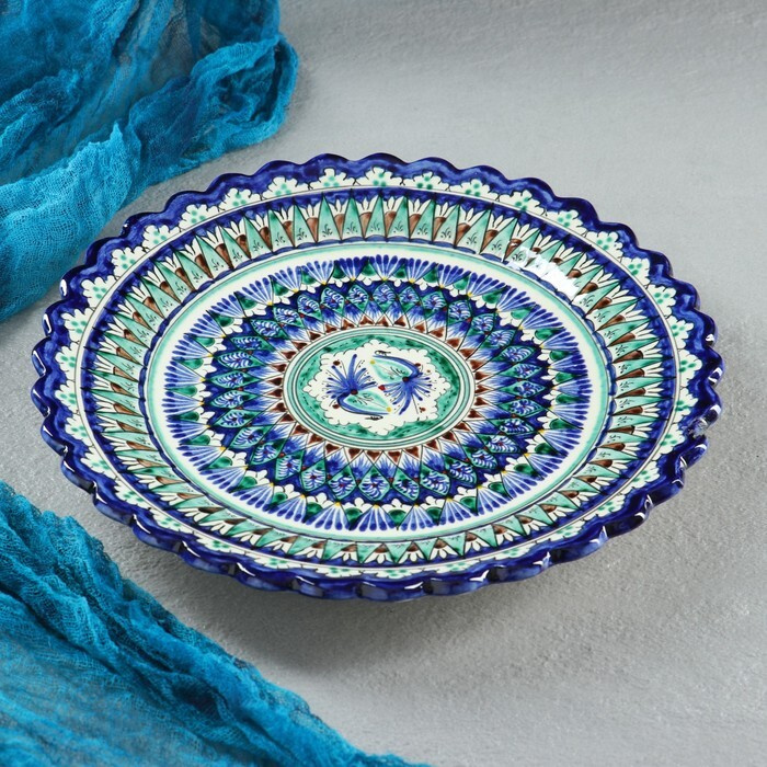 Тарелка Риштанская Керамика "Цветы", синяя, рельефная, 25 см  #1