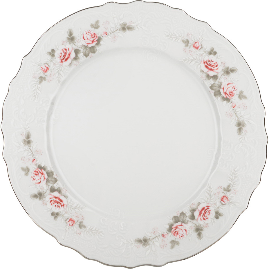 Тарелка сервировочная обеденная 27 см Бернадотт Бледные розы платина, фарфор, столовая мелкая, закусочная #1