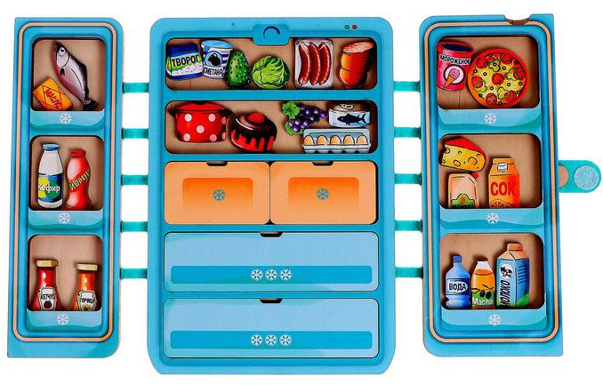 Развивающий сюжетно-ролевой игровой набор "Холодильник", деревянный холодильник + 43 деревянные фишки-продукты #1