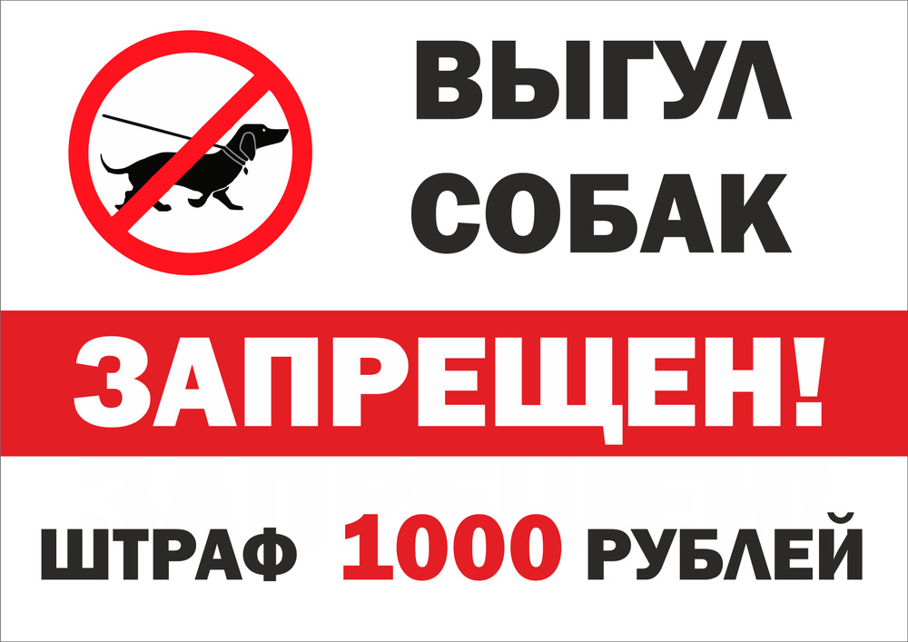 Табличка "Выгул собак запрещен!, штраф 1000 руб." 297*210 мм., А4  #1