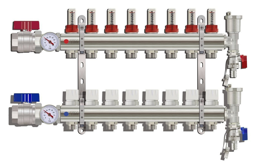 Коллекторная группа Tim (KA008) 1" ВР-ВР, 8 отводов 3/4", расходомер, воздухоотводчик, сливной кран, #1