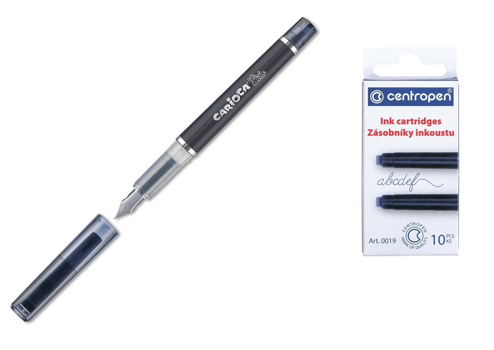 Ручка перьевая черная CARIOCA "Stilo", 3 синих картриджа в блистере с ручкой + 10 синих картриджей CENTROPEN #1