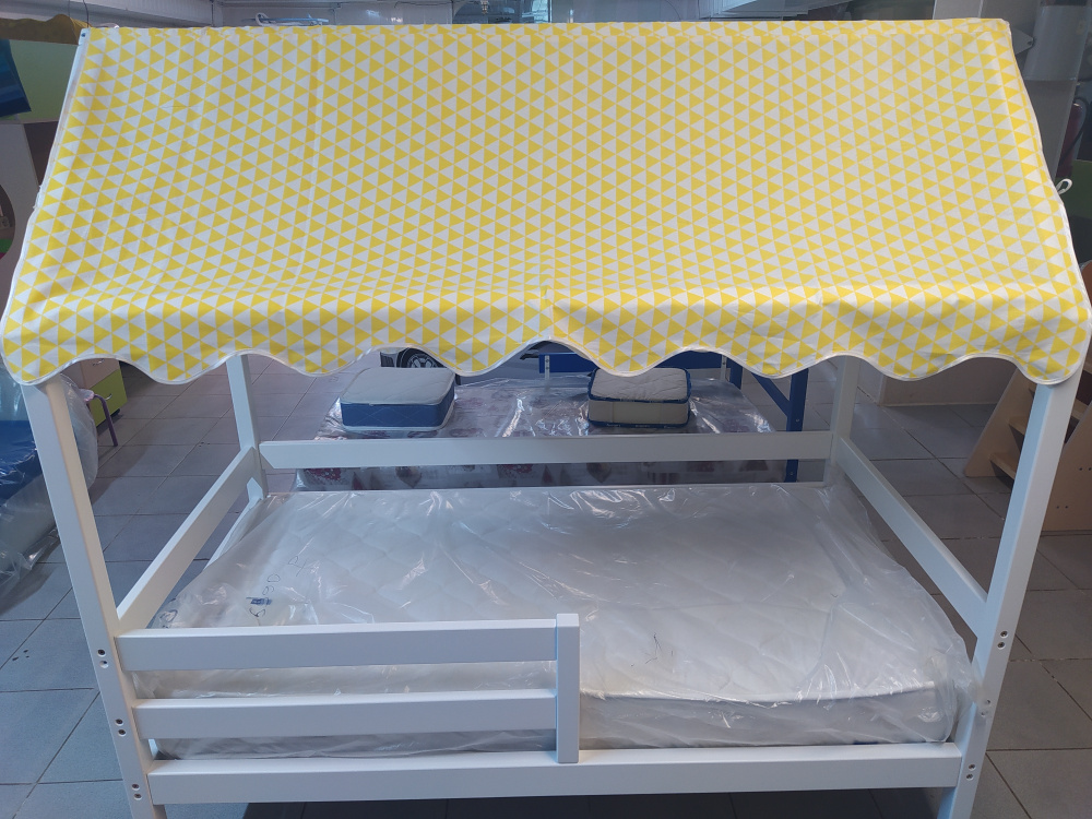 Крыша - Балдахин Текстильная (100% хлопок) Для кровати Домика 160 х 80/160 х 70 см (Бело-желтые ромбики) #1