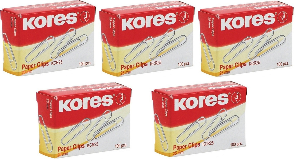 Скрепки Kores с отгибом, 25, никелевое, овальная, 5 упаковок по 100 штук, в картонной коробке (серебристый) #1