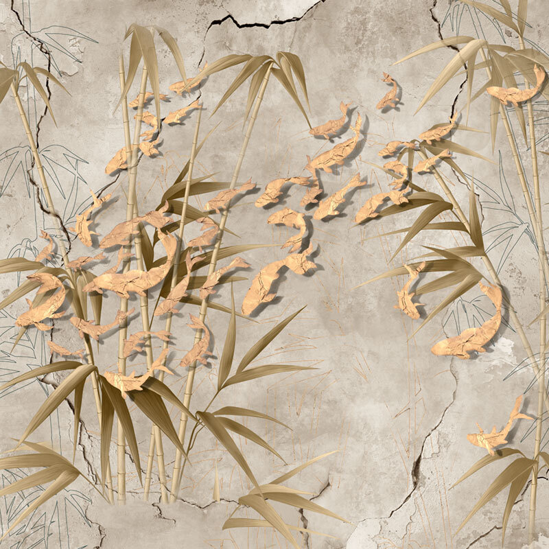 Фотообои флизелиновые на стену 3д GrandPik 17149 "Золотые рыбки в бамбуке", (ШхВ) 300х300 см  #1
