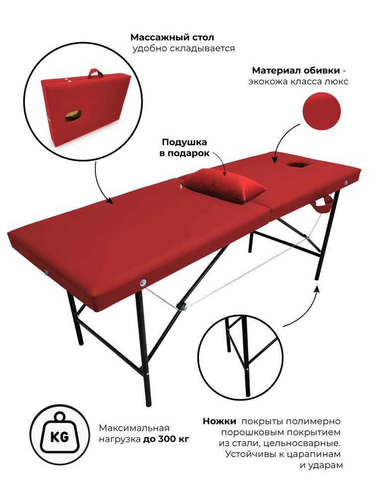 Массажный стол, кушетка косметолога, с вырезом для лица, 180х60 Красный  #1
