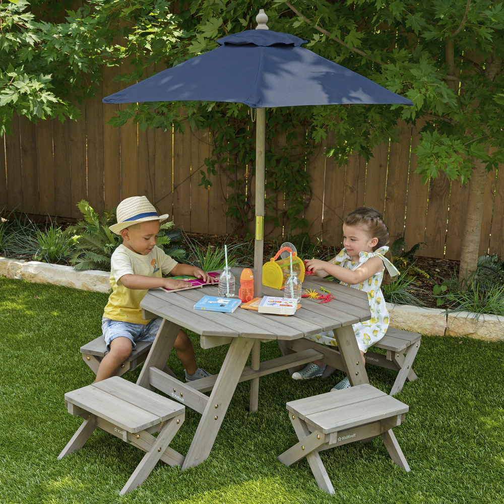 Детская садовая мебель (4 скамьи, стол-пикник, зонт), бежевый  #1
