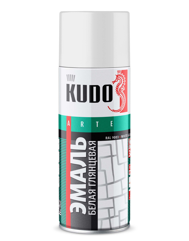 Аэрозольная краска в баллончике KUDO, алкидная, быстросохнущая, глянцевое покрытие, белый RAL 9003, 520мл/для #1