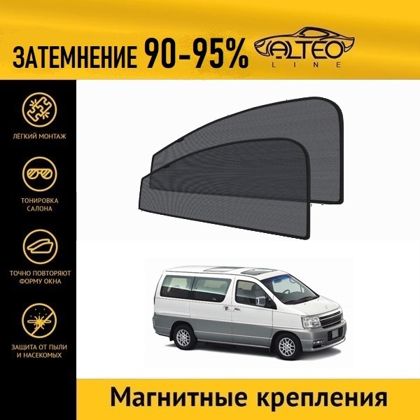 Автошторки ALTEO PREMIUM на Nissan Elgrand 1 рестайлинг (E50) (2000-2002) на передние двери на магнитах #1