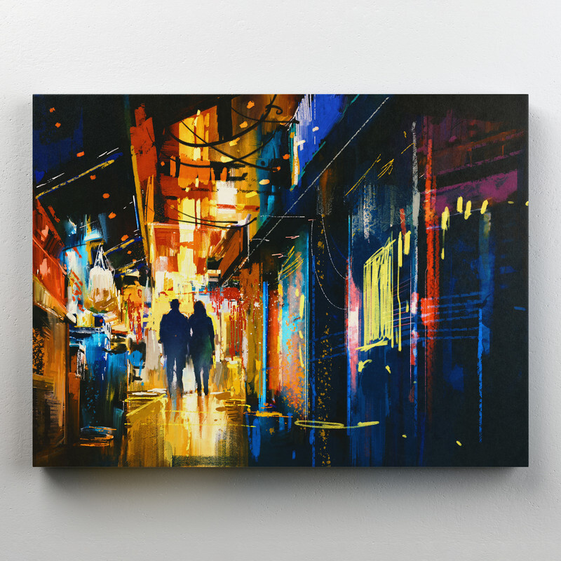 Интерьерная картина на холсте "Абстрактная живопись - городская улочка и влюбленная пара" размер 40x30 #1
