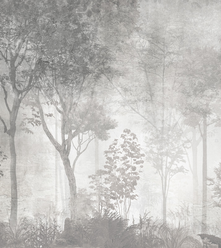 Фотообои флизелиновые на стену 3д GrandPik 26027 Лофт "Лес, деревья в тумане, винтаж, серые" (ШхВ), 250х280 #1