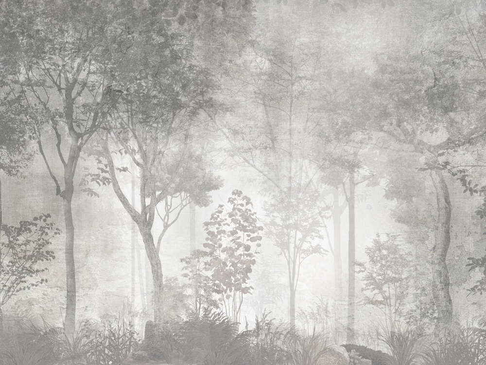 Фотообои флизелиновые на стену 3д GrandPik 26027 Лофт "Лес, деревья в тумане, винтаж, серые" (ШхВ), 400х300 #1