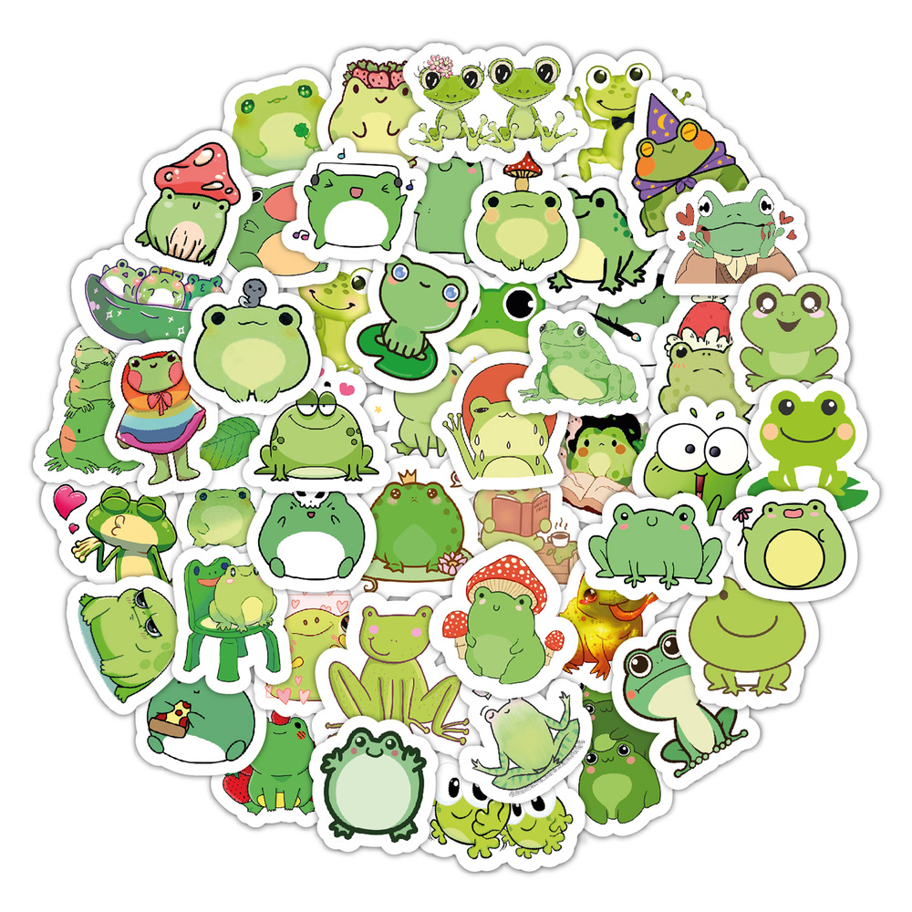 Набор наклеек "Kawaii Frogs - Лягушки". Виниловые самоклеящиеся стикеры 9 листов А6 (50 наклеек) на телефон, #1