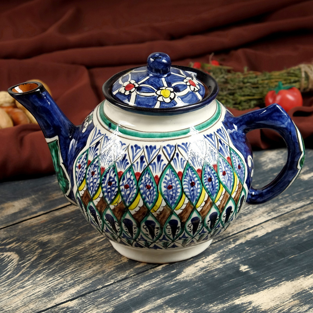 Чайник Риштанская Керамика "Узоры", объем 1000 мл, цвет синий  #1