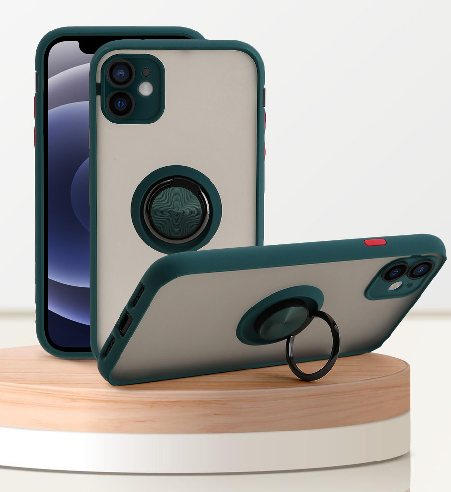 Чехол для айфон 12 мини / iphone 12 mini, зеленый, с кольцом, магнитный, подставка, защита камеры  #1