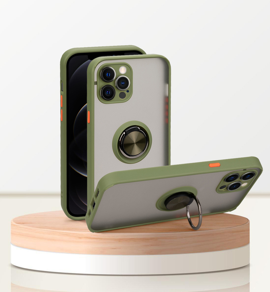 Чехол для айфон 11 про макс / iphone 11 pro max, хаки, с кольцом, магнитный, подставка, защита камеры #1