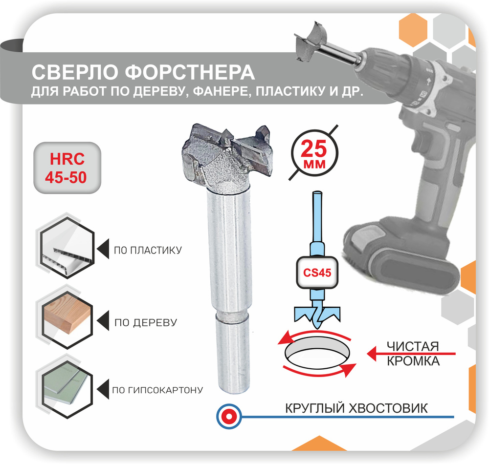 Сверло Форстнера, Фреза самоцентрирующаяся пила для отверсти по дереву фанере пластику 25мм 1шт  #1