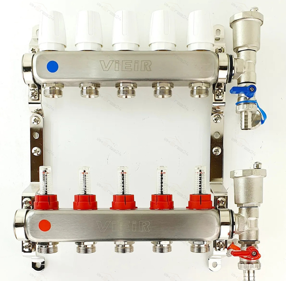 Коллектор для теплого пола 5 контуров в сборе распеределительный с расходометрами 1"x3/4" VIEIR  #1