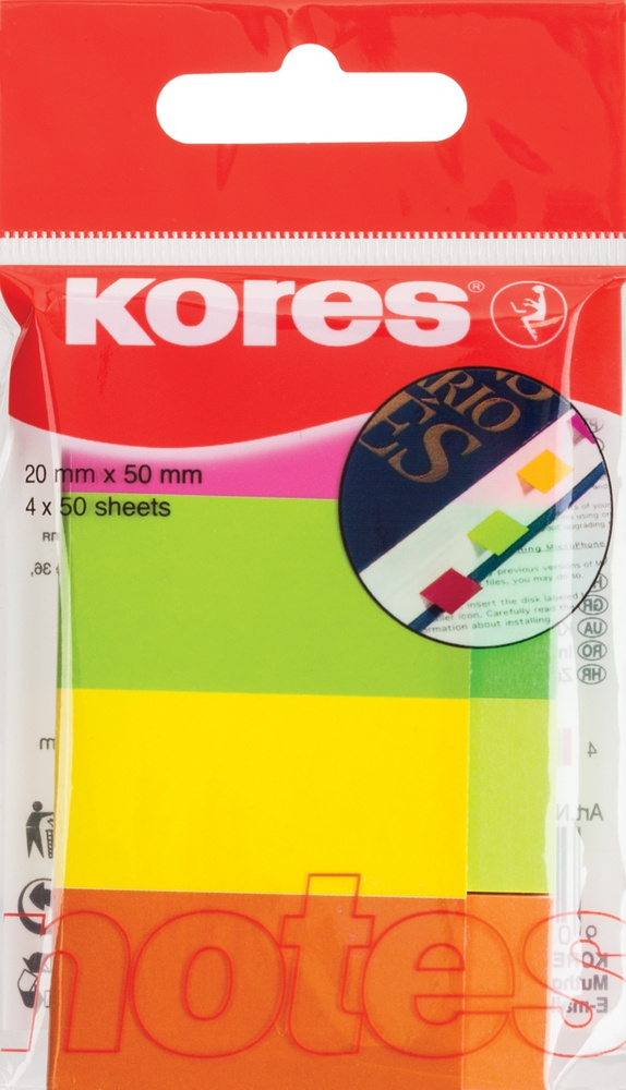 Клейкие закладки Kores бумажные, 4 цвета, по 50 листов, неон, 20х50 мм  #1