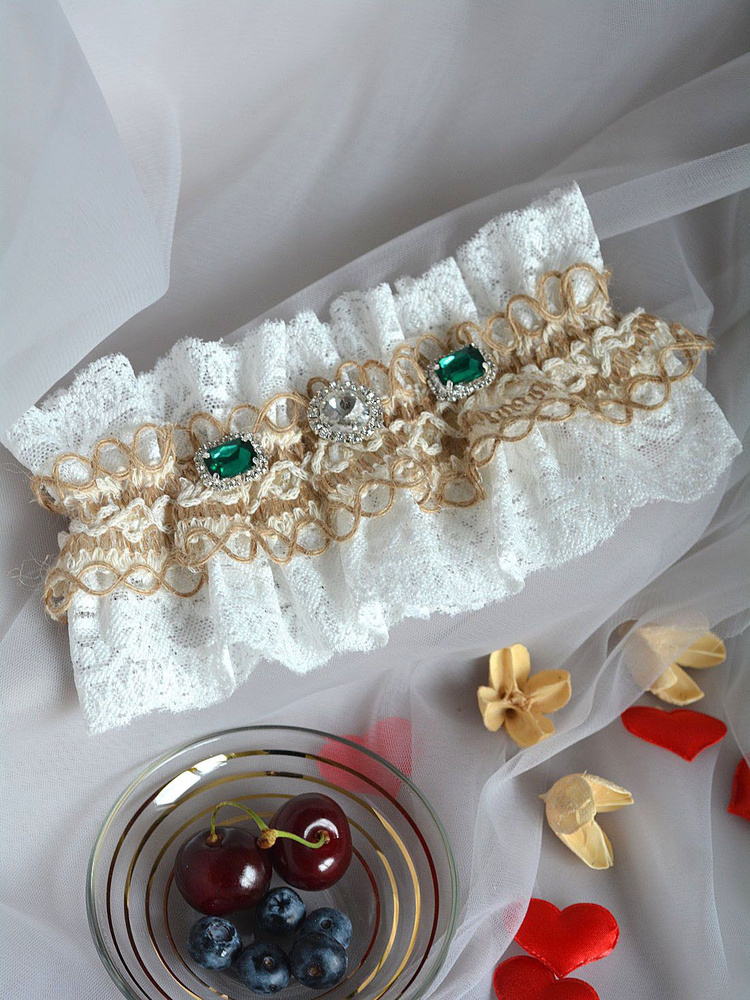 Свадебная подвязка для невесты "Рустик", изумрудные кристаллы  #1