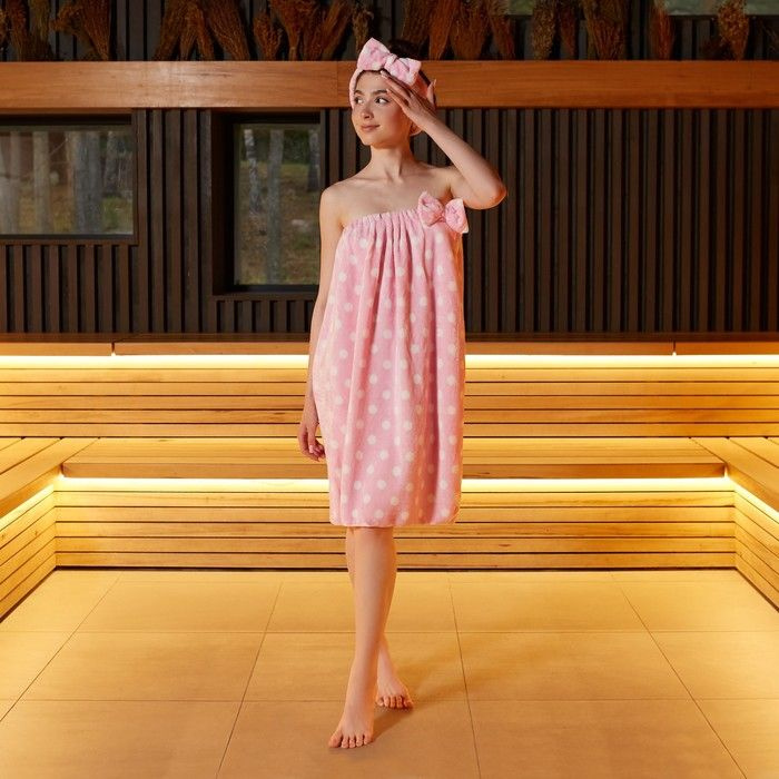 Набор для бани и ванной Этель Горох полотенце-парео 75*120 см+повязка, цв.розовый  #1