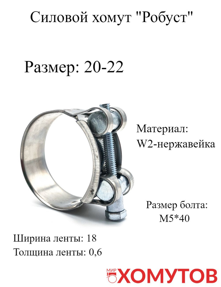 Силовой одноболтовый хомут из нержавеющей стали "Робуст" 20-22 быстросъемный, шарнирный ,металлический, #1