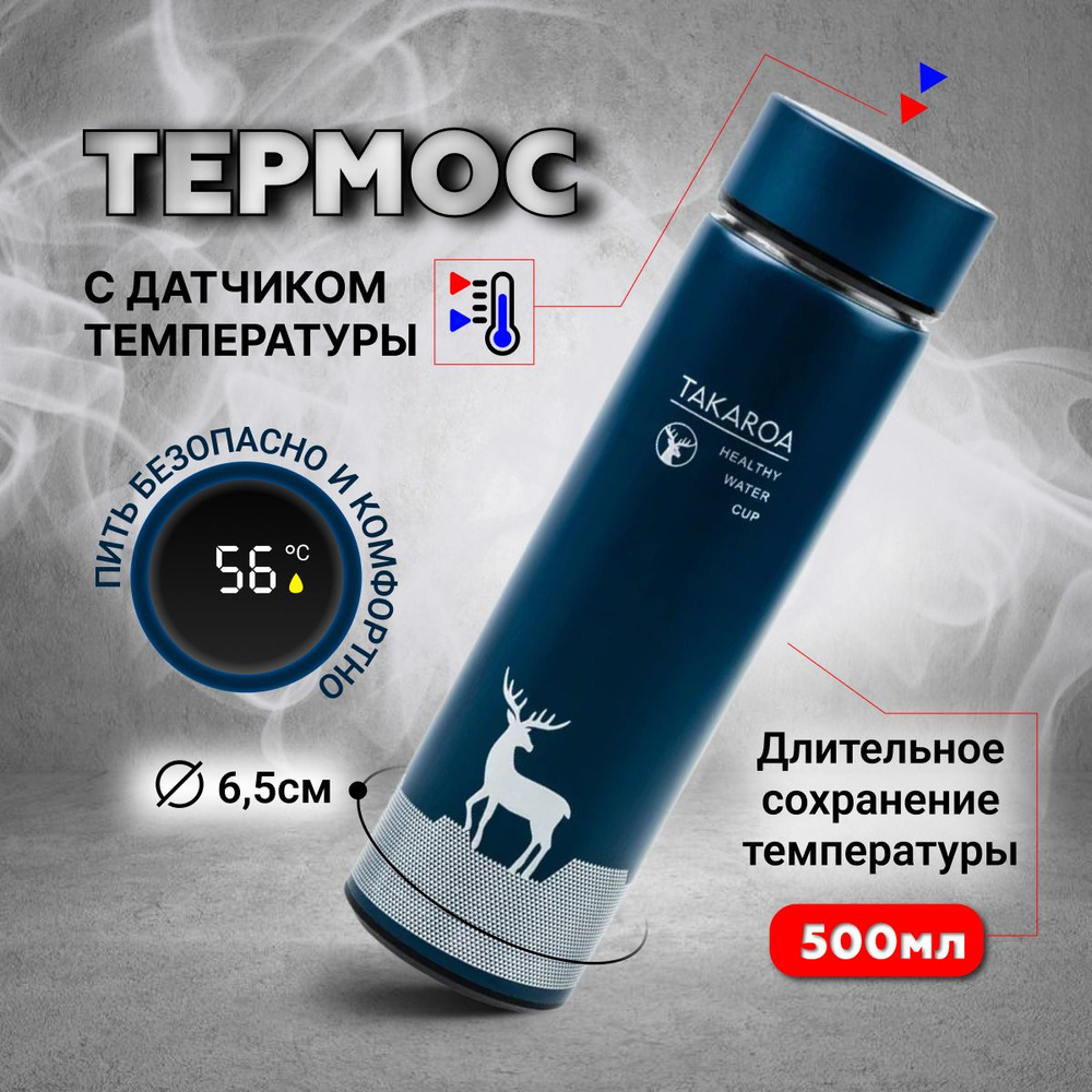 Термос вакуумный 0,5л (500мл) с датчиком температуры, для чая и кофе, термобутылка, термос ударопрочный #1