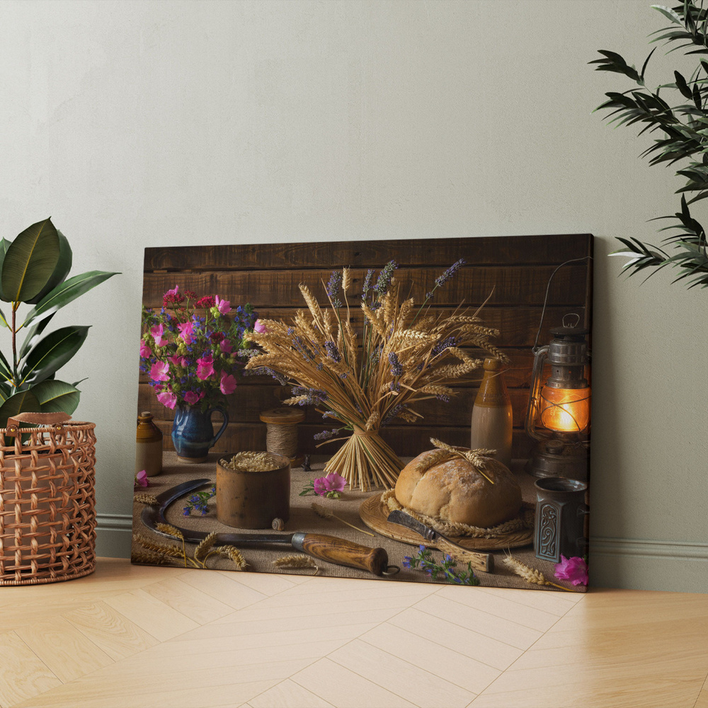 Картина на холсте (натюрморт с колосьями и хлебом с пшеницы с деревенский) 20x30 см/для интерьера/в комнату/на #1