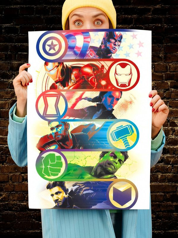Постер интерьерный Мстители арт, 70х46 см. Матовый яркий. Железный человек Капитан Америка Черная вдова #1