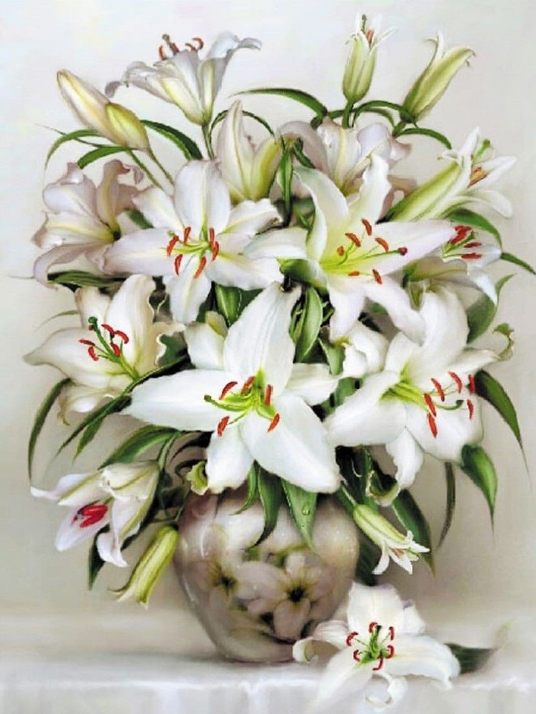 Алмазная мозаика на подрамнике "Белые орхидеи в вазе" 40х50/Картина стразами/ Набор для творчества  #1