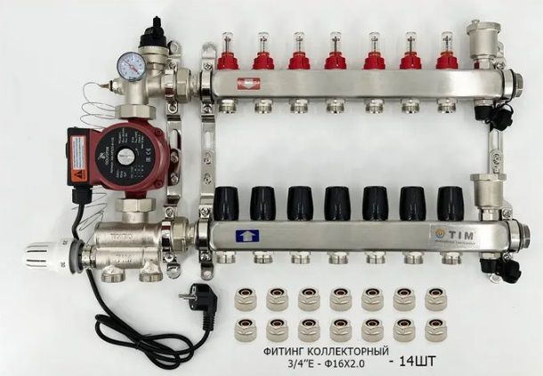 Комплект для водяного теплого пола с насосом: Коллектор 7 выходов с расходомерами + смесительный узел #1