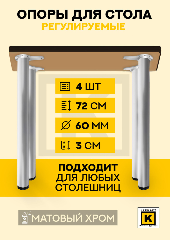 Ножки для стола, столешницы 60*710 мм 4шт металлические регулируемые, Матовый хром  #1