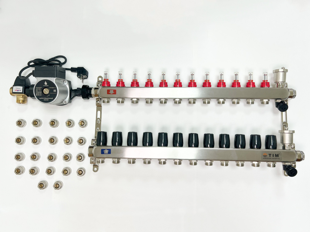 Комплект для водяного теплого пола с насосом (до 140 кв. м): Коллектор 12 выходов с расходомерами + термостатический #1