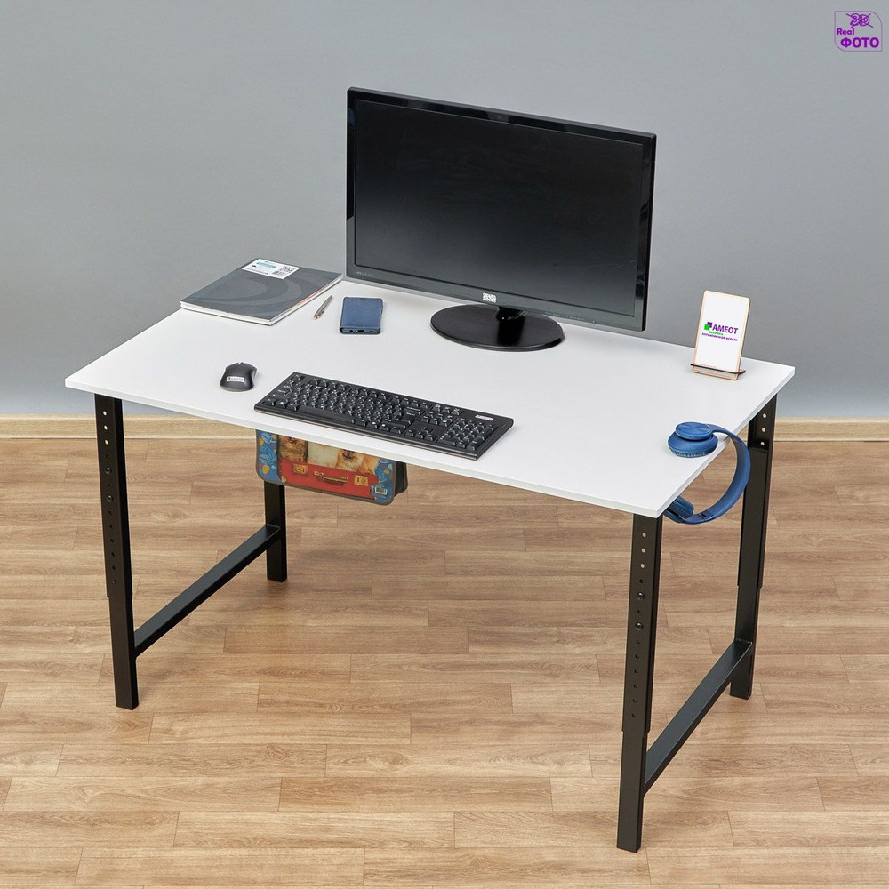 Компьютерный стол регулируемый по высоте Мадий 12W ш138/г70/в61-91 белый/черный на металлокаркасе  #1