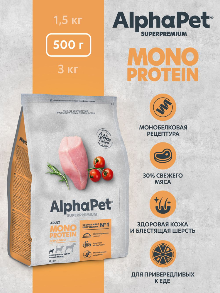 Корм сухой для собак мелких пород полнорационный MONOPROTEIN AlphaPet Superpremium из индейки, монопротеиновый, #1