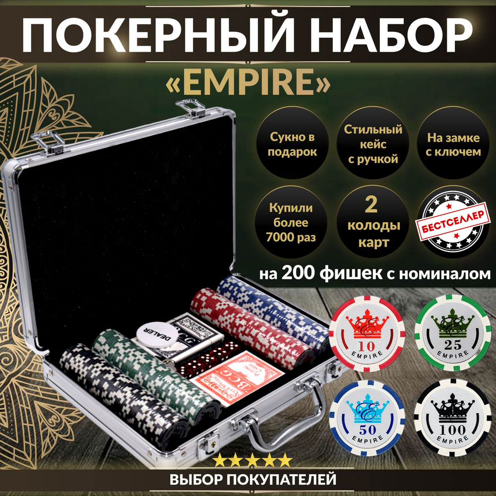 Покерный набор Empire, 200 фишек 11.5г, с номиналом, в алюминиевом кейсе, Сукно в подарок , Премиум набор #1