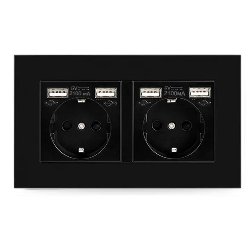 Электрическая розетка двойная DiXiS 2 Gang Socket с портами 4 x USB EU (86x146) - Черная (TKEU-2)  #1