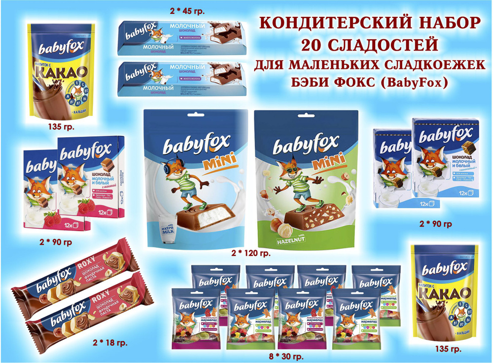 СЛАДОСТИ BabyFox-Шоколад 4*90 гр.Мармелад 8по30 гр.+ КАКАО 2*135 гр. Батончики Молочный 2по45 гр+Вафельный #1