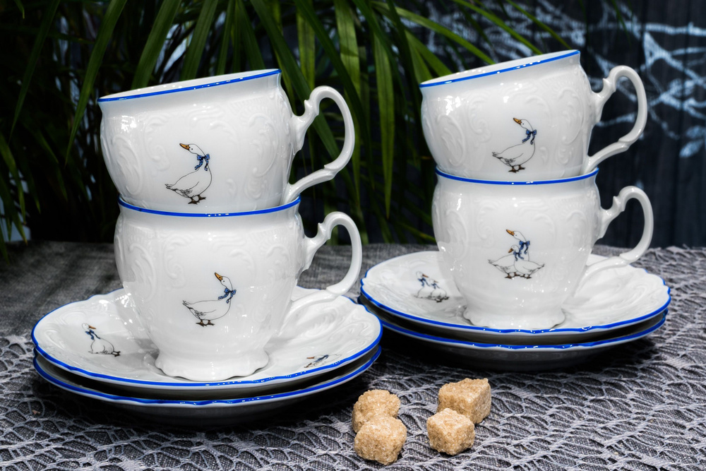 Чайный набор посуды на 4 персоны Bernadotte Гуси 240 мл, 8 предметов: 4 чашки и блюдца для чая и кофе, #1